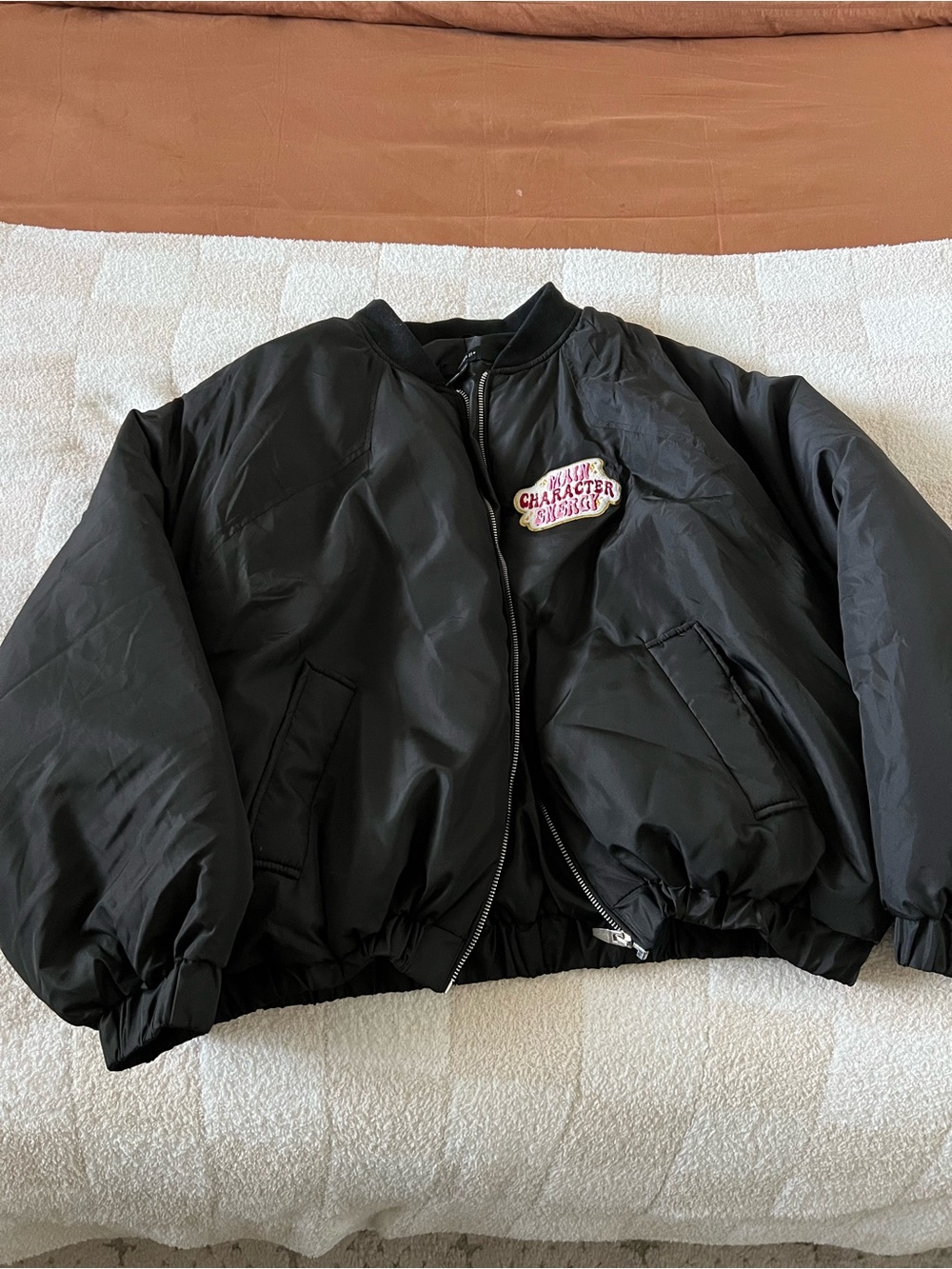 Forever 21 Black Bomber Jacket with Colorful Character Patch